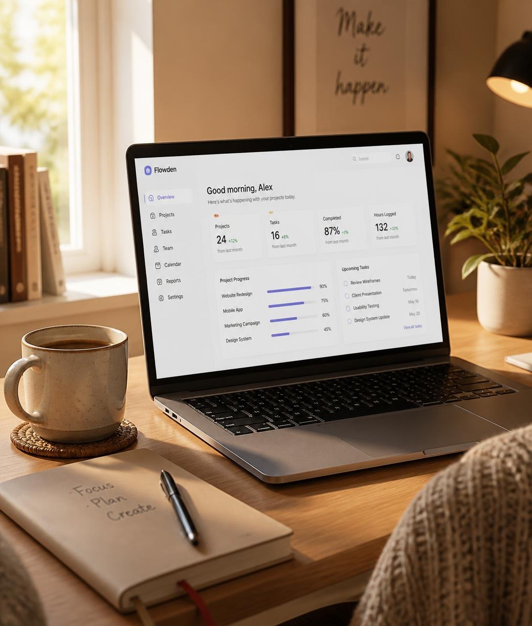 Mesa de trabalho de madeira com notebook mostrando uma interface de software e xícara de café